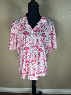 Pink Western “Let’s Go Girls” Cowgirl Button Polo Shirt Size M/L